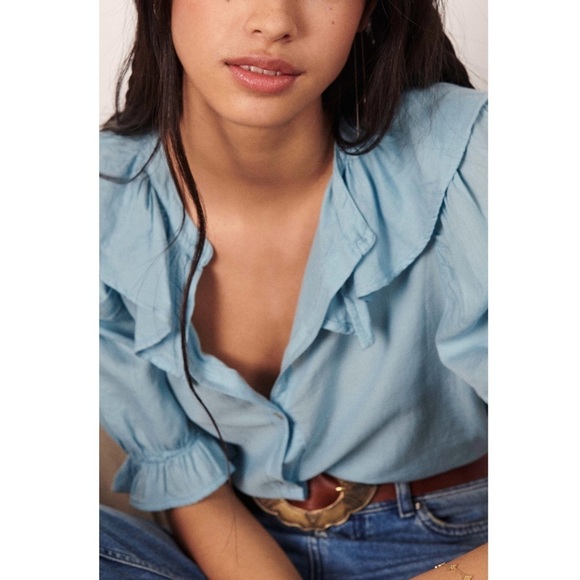 NWT BA&SH Cotton Puffed Short Sleeve Victorian Ruffle Collar Button Up Blouse L‎ - Picture 5 of 12